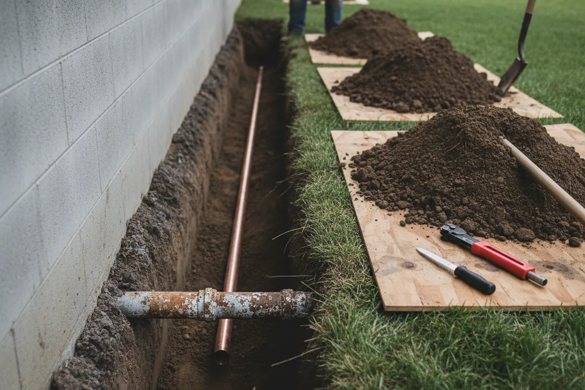 Excavated water line trench during Sewer Line Repair in Williams